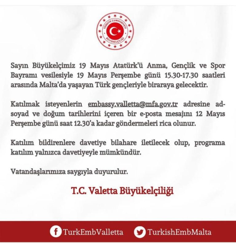 Malta’da 19 Mayıs kutlamasına kayıt için 12 Mayıs son gün!