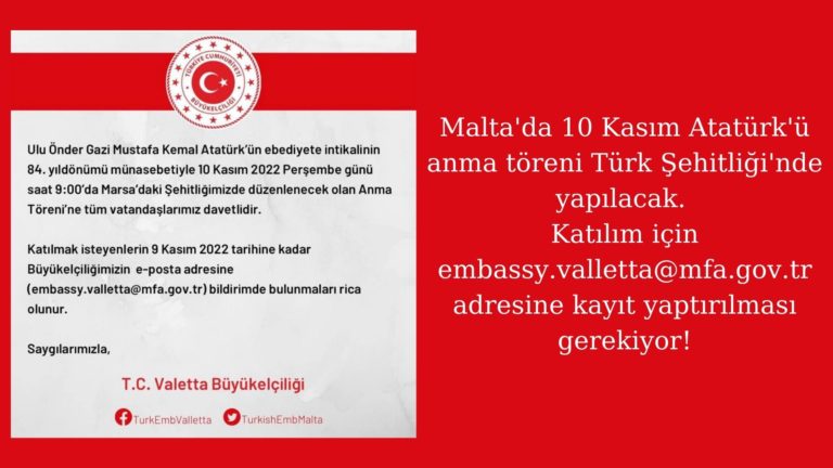 Malta’da 10 Kasım Atatürk’ü anma töreni Türk Şehitliği’nde yapılacak!