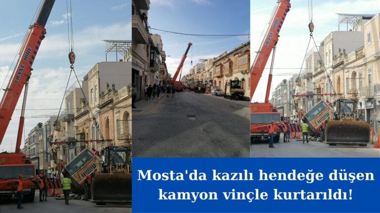 Mosta’da çukura düşen beton mikseri vinçle kurtarıldı!