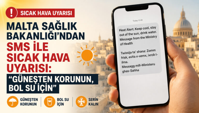 Malta Sağlık Bakanlığı’ndan SMS ile sıcak hava uyarısı: “Güneşten korunun, bol su için”