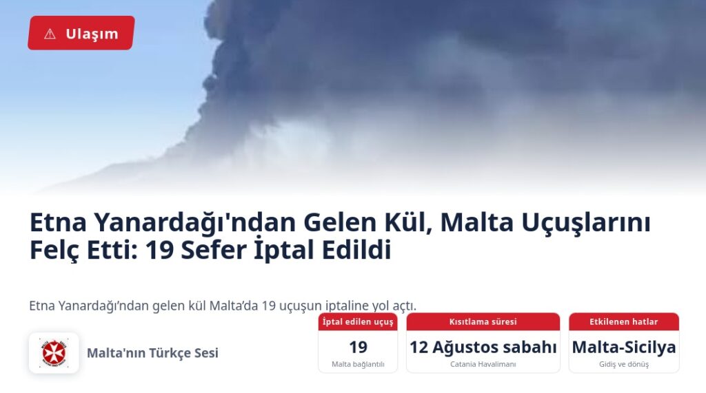 Etna Yanardağı’ndan Gelen Kül, Malta Uçuşlarını Felç Etti: 19 Sefer İptal Edildi