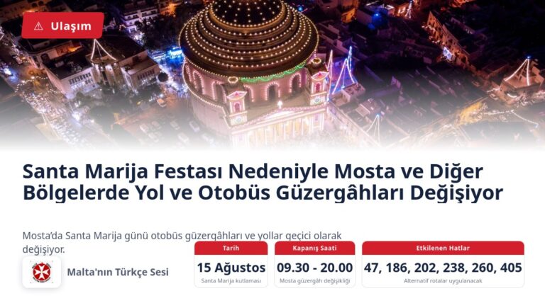 Santa Marija Festası Nedeniyle Mosta ve Diğer Bölgelerde Yol ve Otobüs Güzergâhları Değişiyor