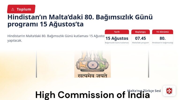 Hindistan’ın Malta’daki 80. Bağımsızlık Günü programı 15 Ağustos’ta
