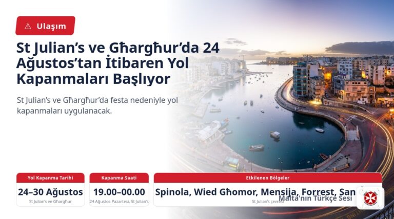 St Julian’s ve Għargħur’da 24 Ağustos’tan İtibaren Yol Kapanmaları Başlıyor