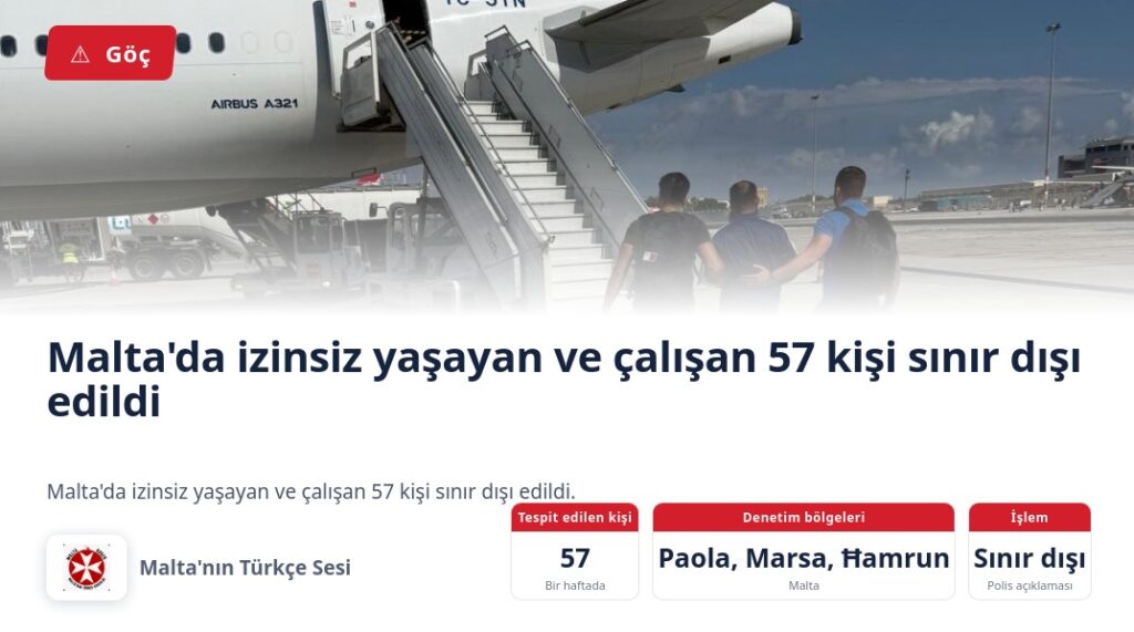Malta’da izinsiz yaşayan ve çalışan 57 kişi sınır dışı edildi