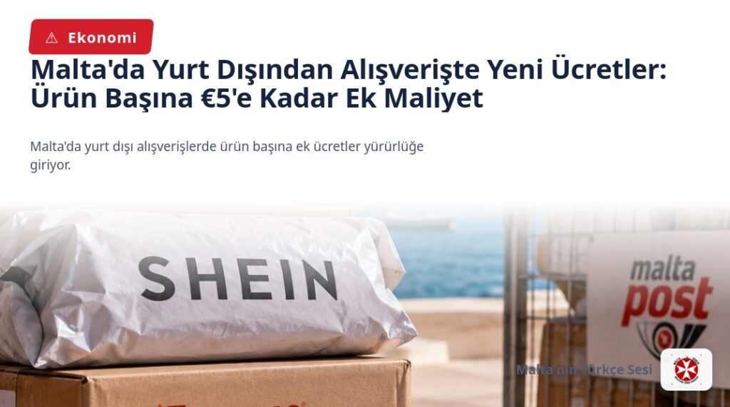 Malta’da Yurt Dışından Alışverişte Yeni Ücretler: Ürün Başına €5’e Kadar Ek Maliyet