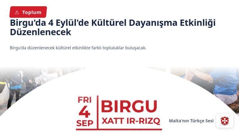 Birgu’da 4 Eylül’de Kültürel Dayanışma Etkinliği Düzenlenecek
