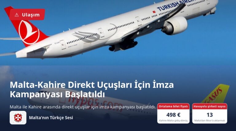 Malta-Kahire Direkt Uçuşları İçin İmza Kampanyası Başlatıldı