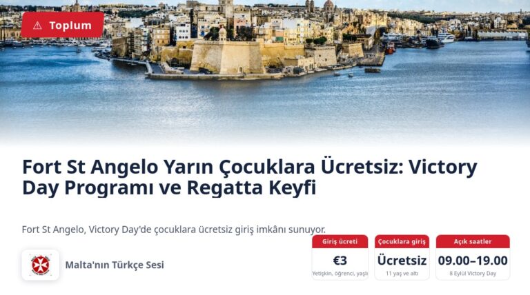Fort St Angelo Yarın Çocuklara Ücretsiz: Victory Day Programı ve Regatta Keyfi
