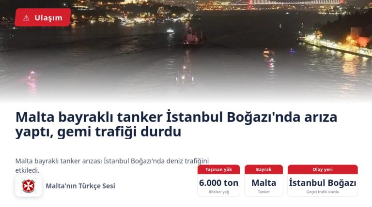 Malta bayraklı tanker İstanbul Boğazı’nda arıza yaptı, gemi trafiği durdu