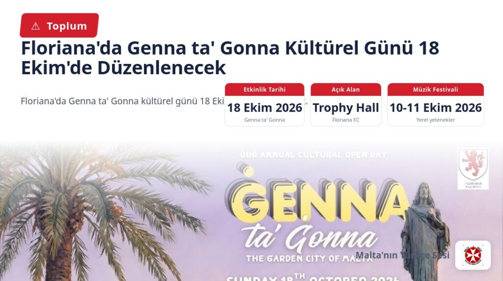 Floriana’da Genna ta’ Gonna Kültürel Günü 18 Ekim’de Düzenlenecek
