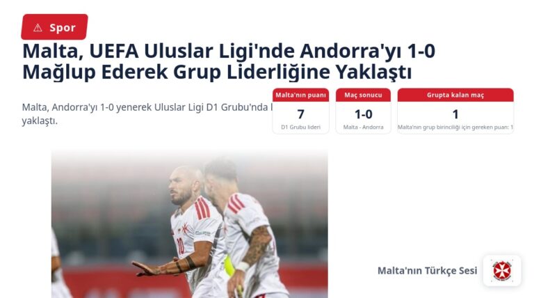 Malta, UEFA Uluslar Ligi’nde Andorra’yı 1-0 Mağlup Ederek Grup Liderliğine Yaklaştı