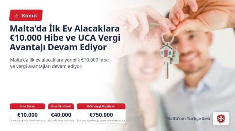 Malta’da İlk Ev Alacaklara €10.000 Hibe ve UCA Vergi Avantajı Devam Ediyor