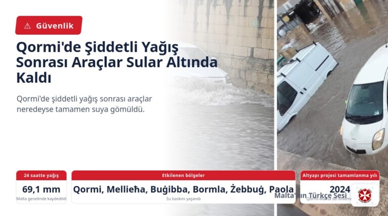 Qormi’de Şiddetli Yağış Sonrası Araçlar Sular Altında Kaldı